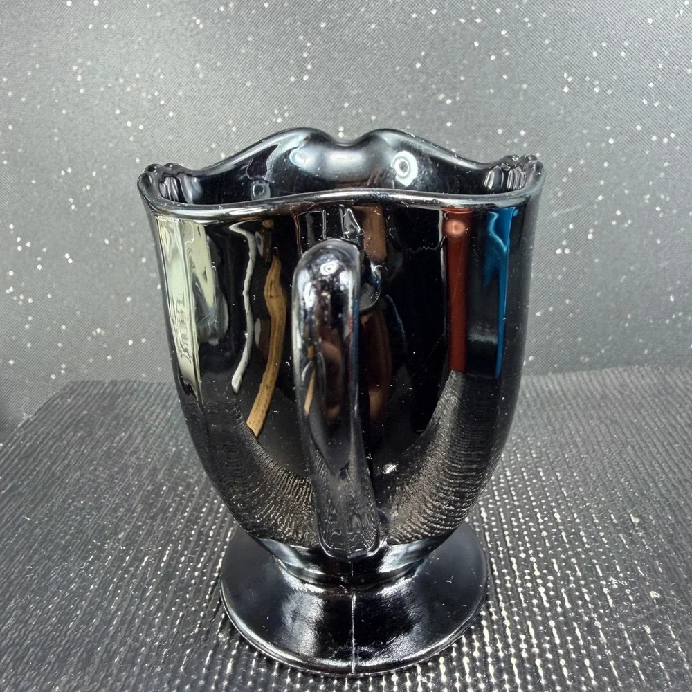 New Martinsville Black Amethyst Glass Creamer and Sugar Bowl Set Scalloped